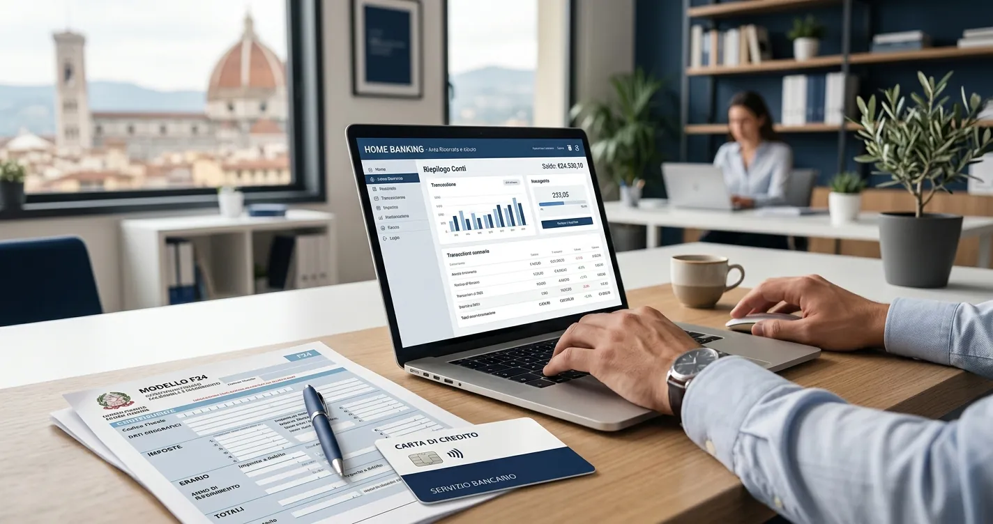 Pagare F24 con carta di credito online - Modulo fiscale e laptop con home banking