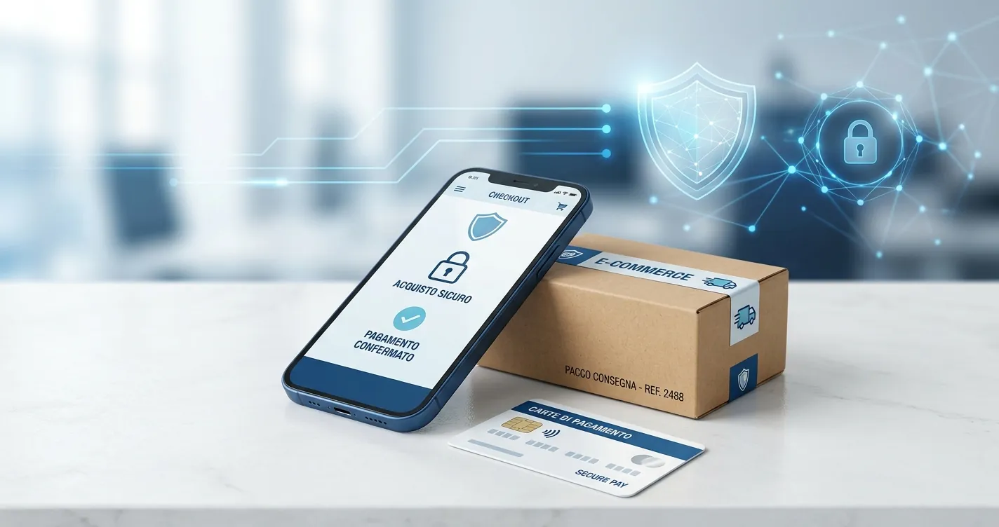 Swappie pagamento alla consegna - Smartphone ricondizionato accanto a un pacco e-commerce e a una carta di pagamento, simbolo dei metodi di pagamento online accettati da Swappie in Italia
