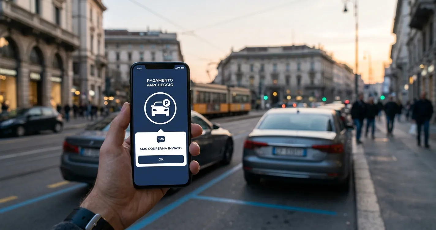 Pagare la sosta a Milano con SMS - Smartphone con icona parcheggio su strada urbana con strisce blu, simbolo del pagamento mobile della sosta nel 2026