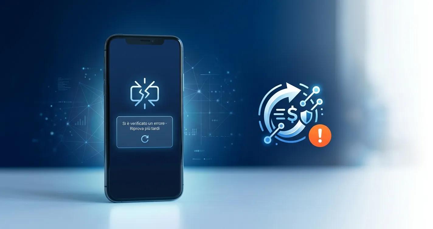 Deliveroo PayPal non funziona - Smartphone con errore di pagamento e icona di avviso su sfondo blu, simbolo della risoluzione dei problemi PayPal su Deliveroo nel 2026