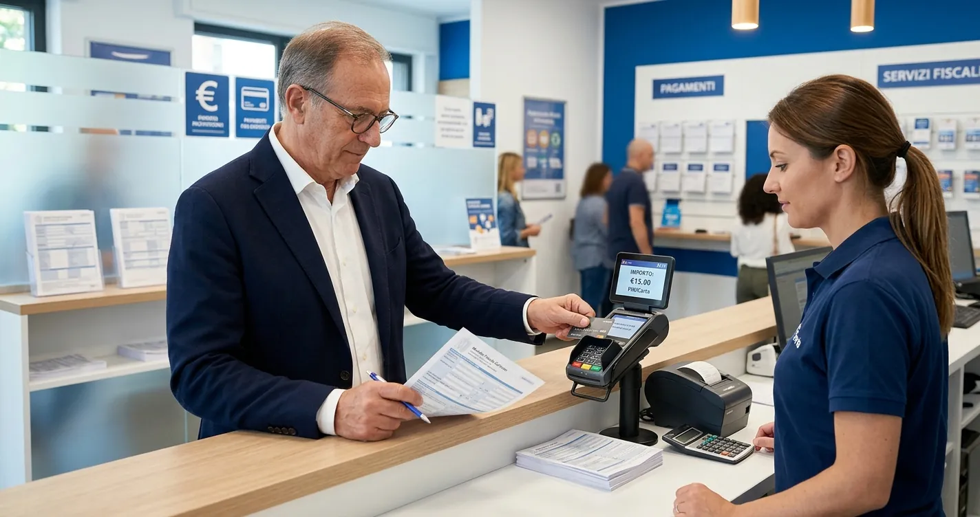 Pagare F24 in tabaccheria - modello fiscale pagato al bancone di una ricevitoria tramite terminale PagoPA