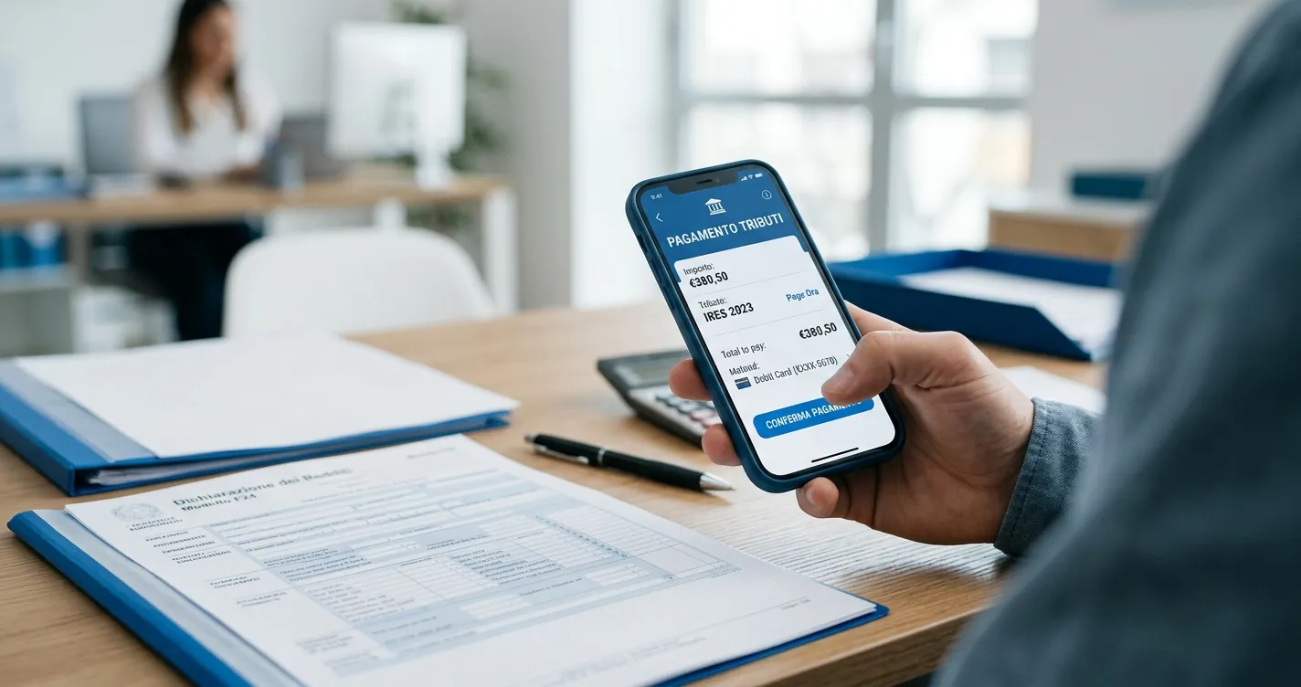 Pagare F24 con app IO - smartphone con pagamento avviso pagoPA e documento fiscale