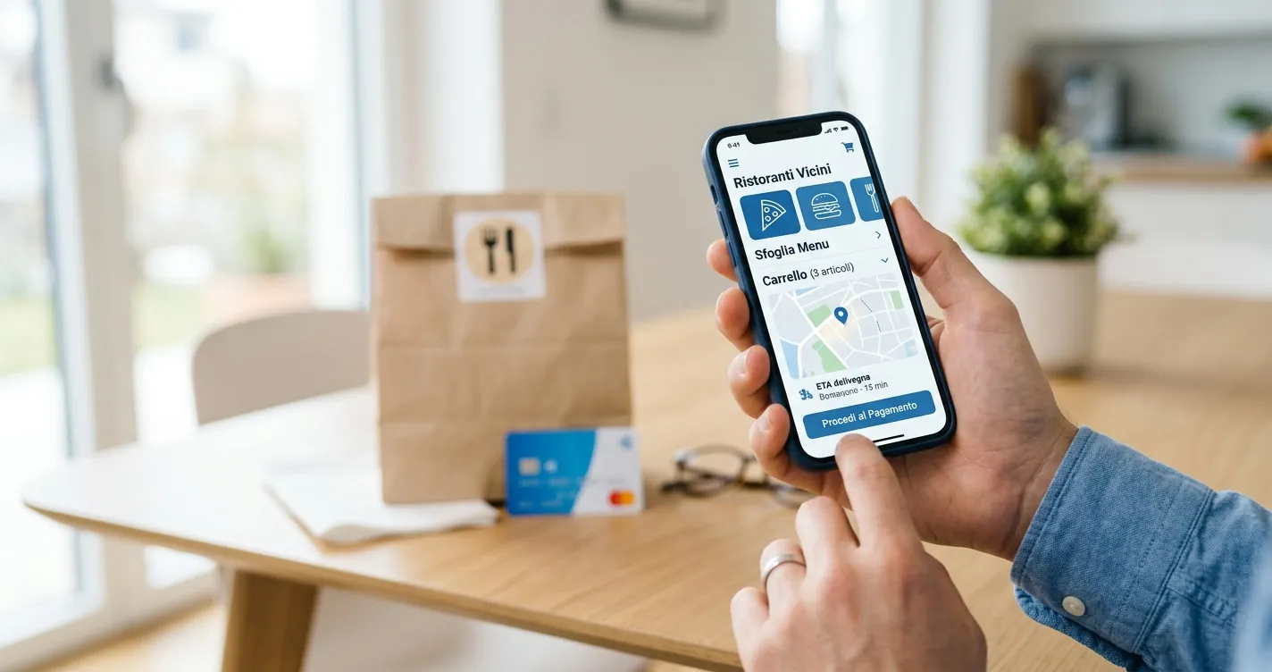 Come funziona Just Eat: smartphone con app di ordinazione cibo a domicilio e carta di pagamento