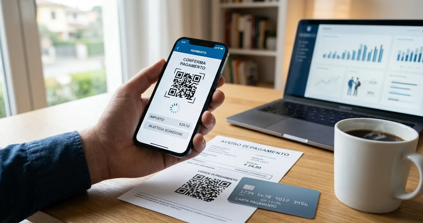 Come si fa a pagare con PagoPA: smartphone con QR code e avviso di pagamento cartaceo