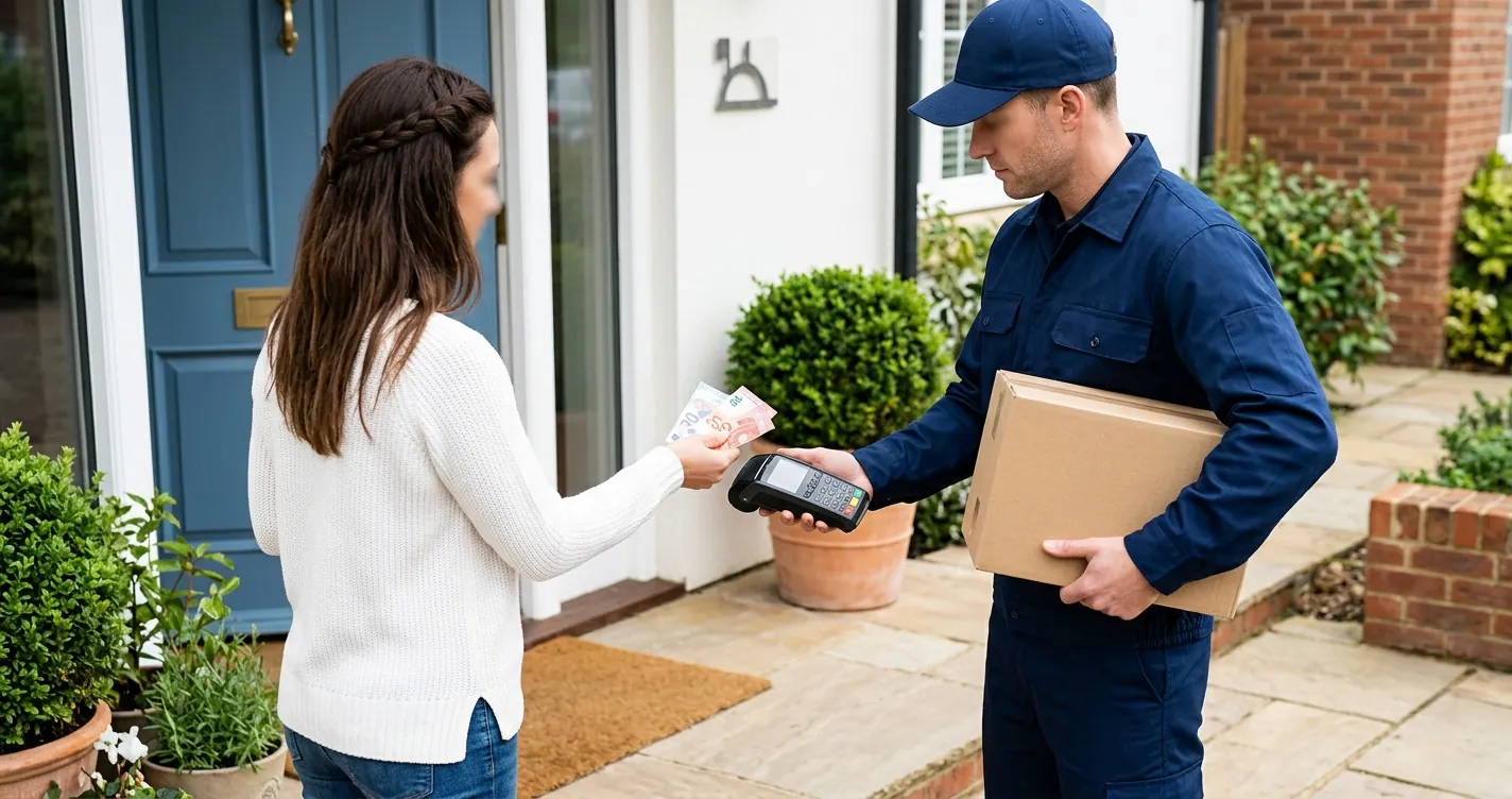 Acquisti online con pagamento alla consegna: cliente che paga il corriere al momento della consegna del pacco