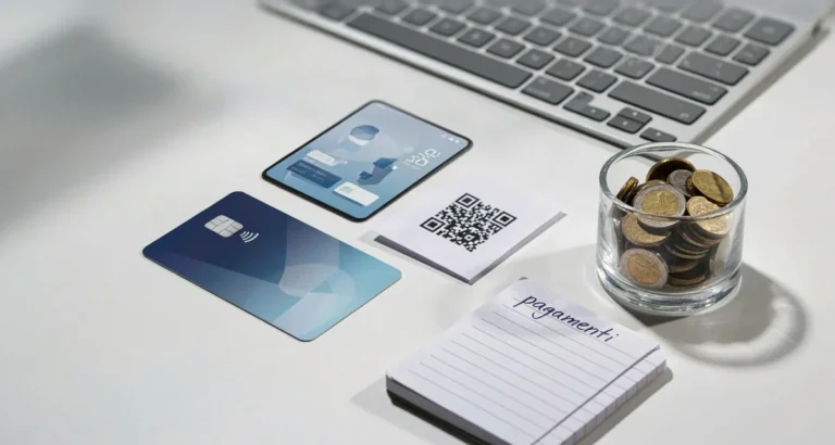 Come pagare con PayPal online 2026: smartphone con wallet digitale, carta di credito anonima e codice QR su una scrivania