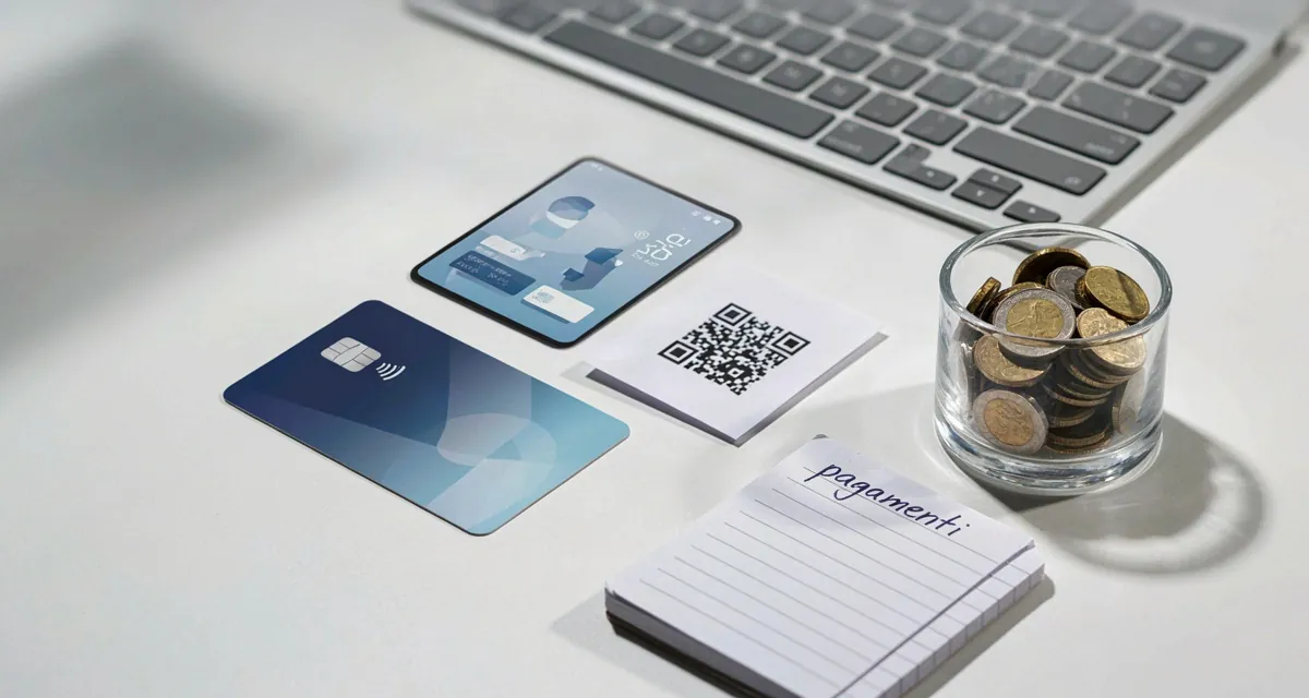 Come pagare con PayPal online 2026: smartphone con wallet digitale, carta di credito anonima e codice QR su una scrivania
