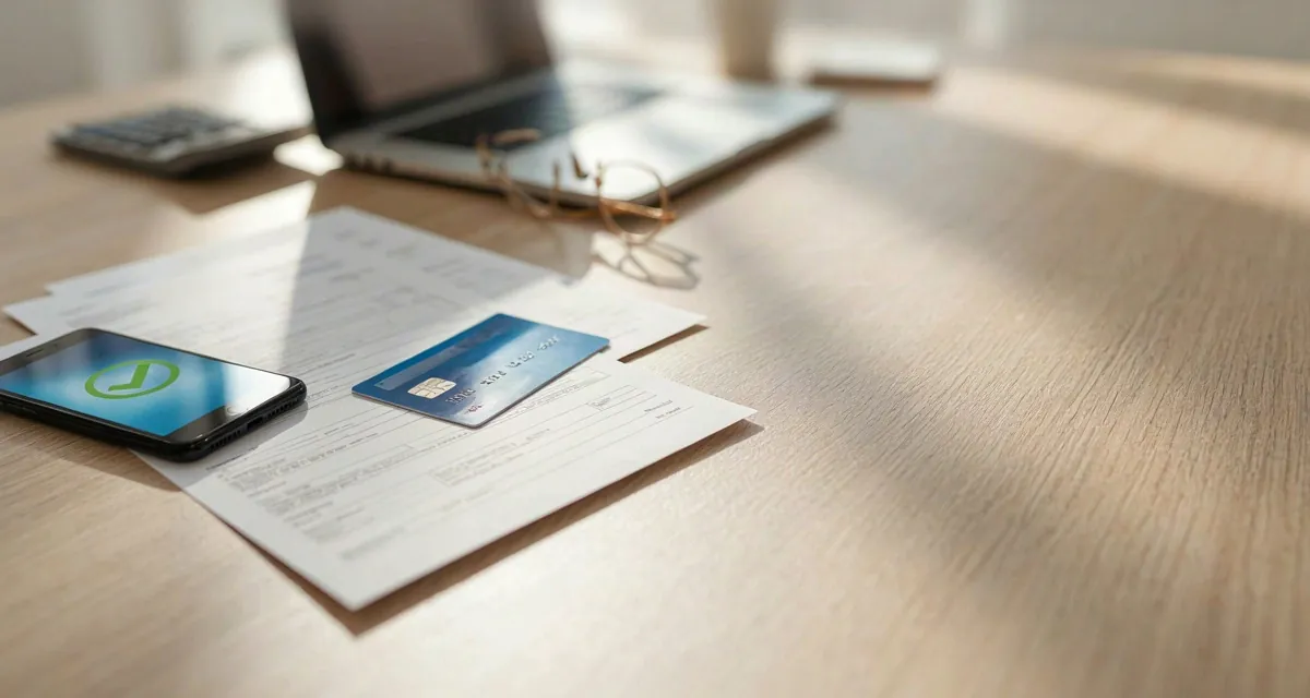 Pagare fatture con carta di credito online: carta anonima appoggiata su fatture e conferma di pagamento sullo smartphone