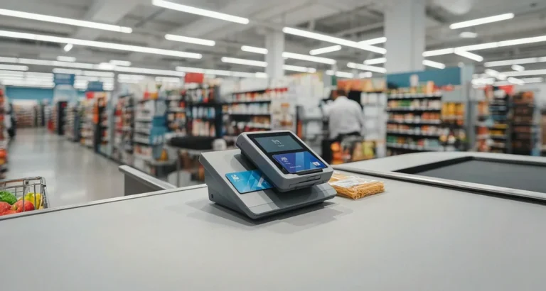 Postepay pagare al supermercato: carta prepagata appoggiata sul lettore contactless della cassa di un supermercato italiano