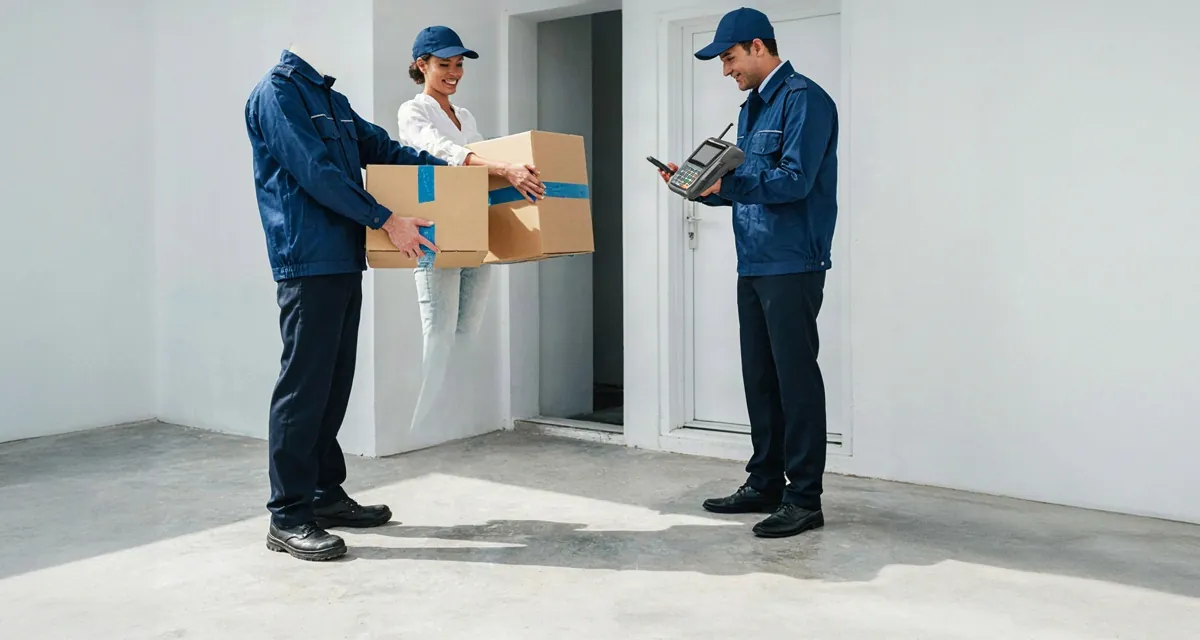 Pagare alla consegna siti: corriere che consegna il pacco e riscuote il pagamento in contrassegno con POS