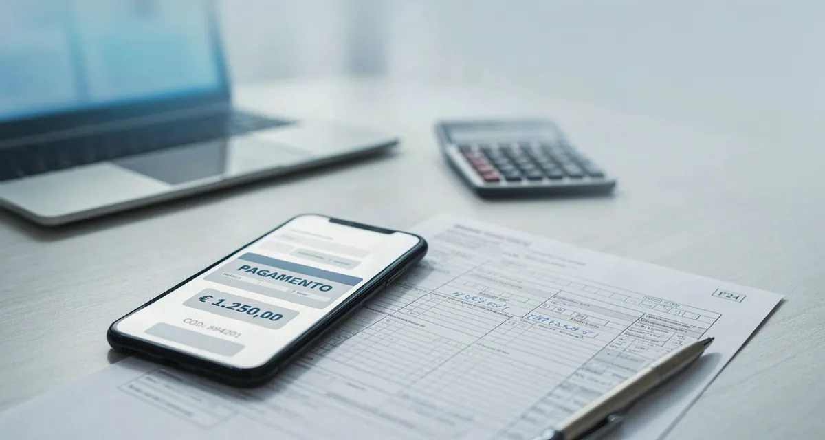 Pagare F24 con IO nel 2026: app IO e PagoPA sullo smartphone accanto a un modello F24 compilato